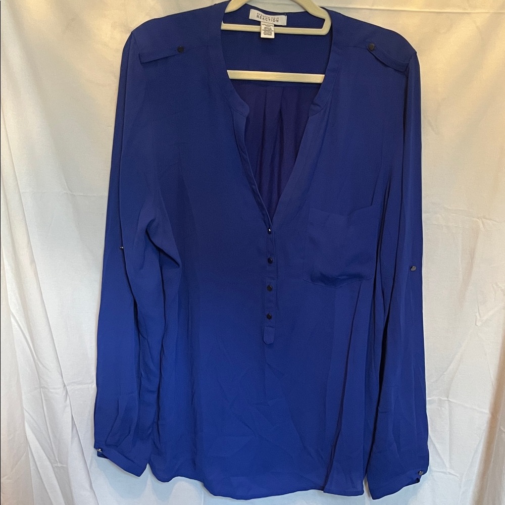 Kenneth Cole Royal Blue V-Neck Button Front Blouse XXL/TYG /XXG